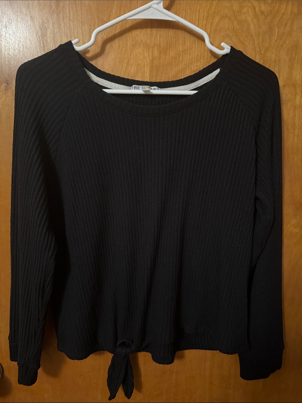 Girls' Ribbed Black Long Sleeve Top with Front Tie